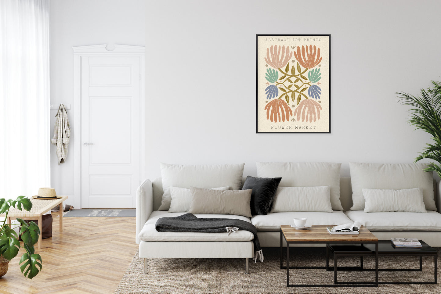Poster Minimalistische Bunte Boho-Blumen Rahmen Holz Mit Passepartout Farbe Natürlich