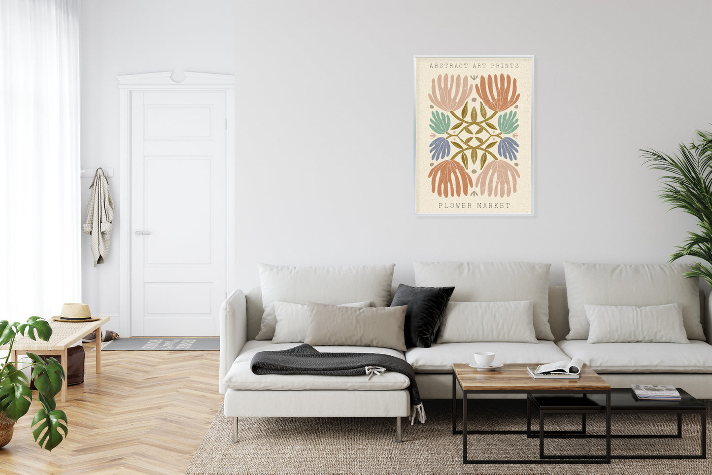 Poster Minimalistische Bunte Boho-Blumen Rahmen Holz Mit Passepartout Farbe Natürlich