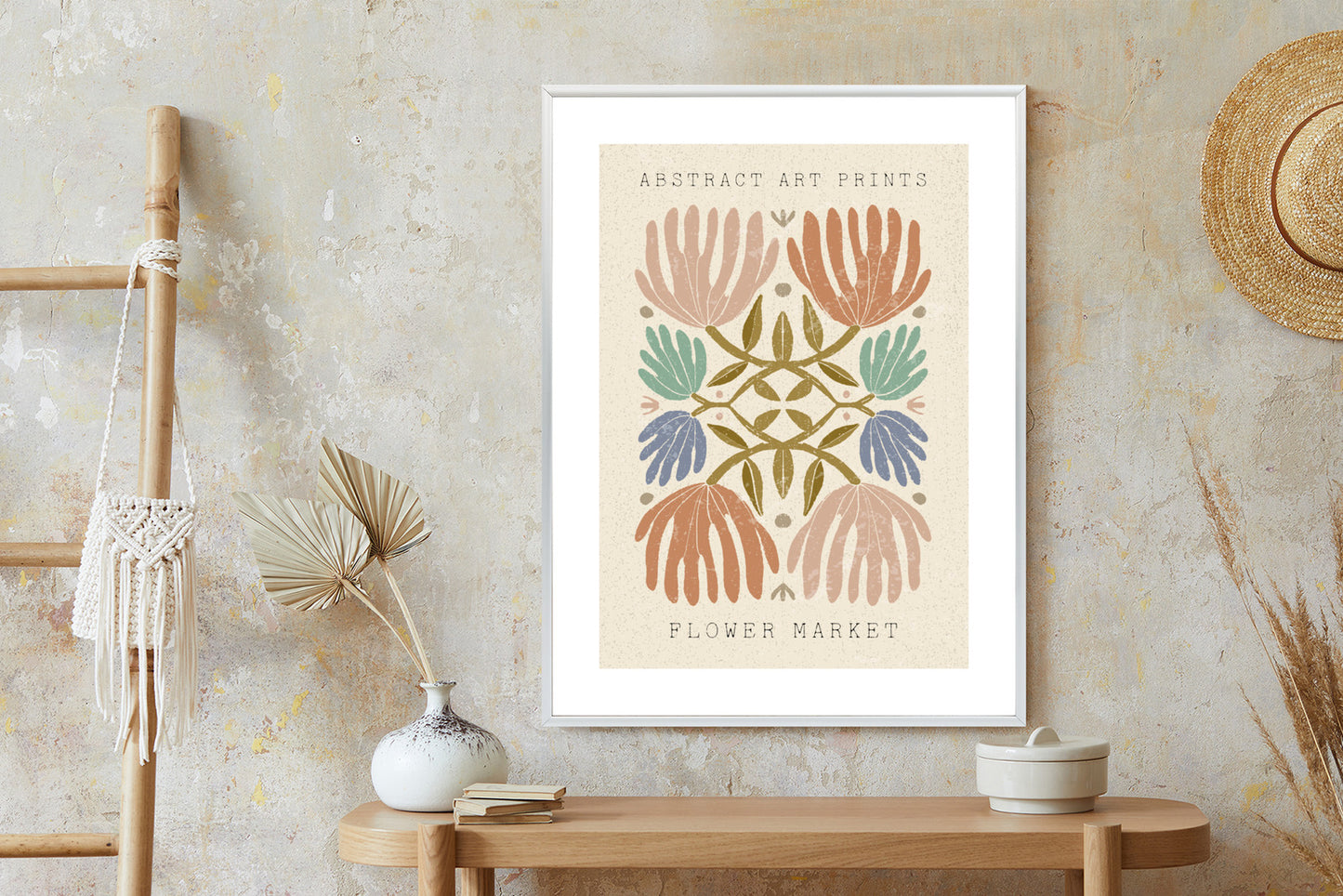 Poster Minimalistische Bunte Boho-Blumen Rahmen Holz Mit Passepartout Farbe Natürlich
