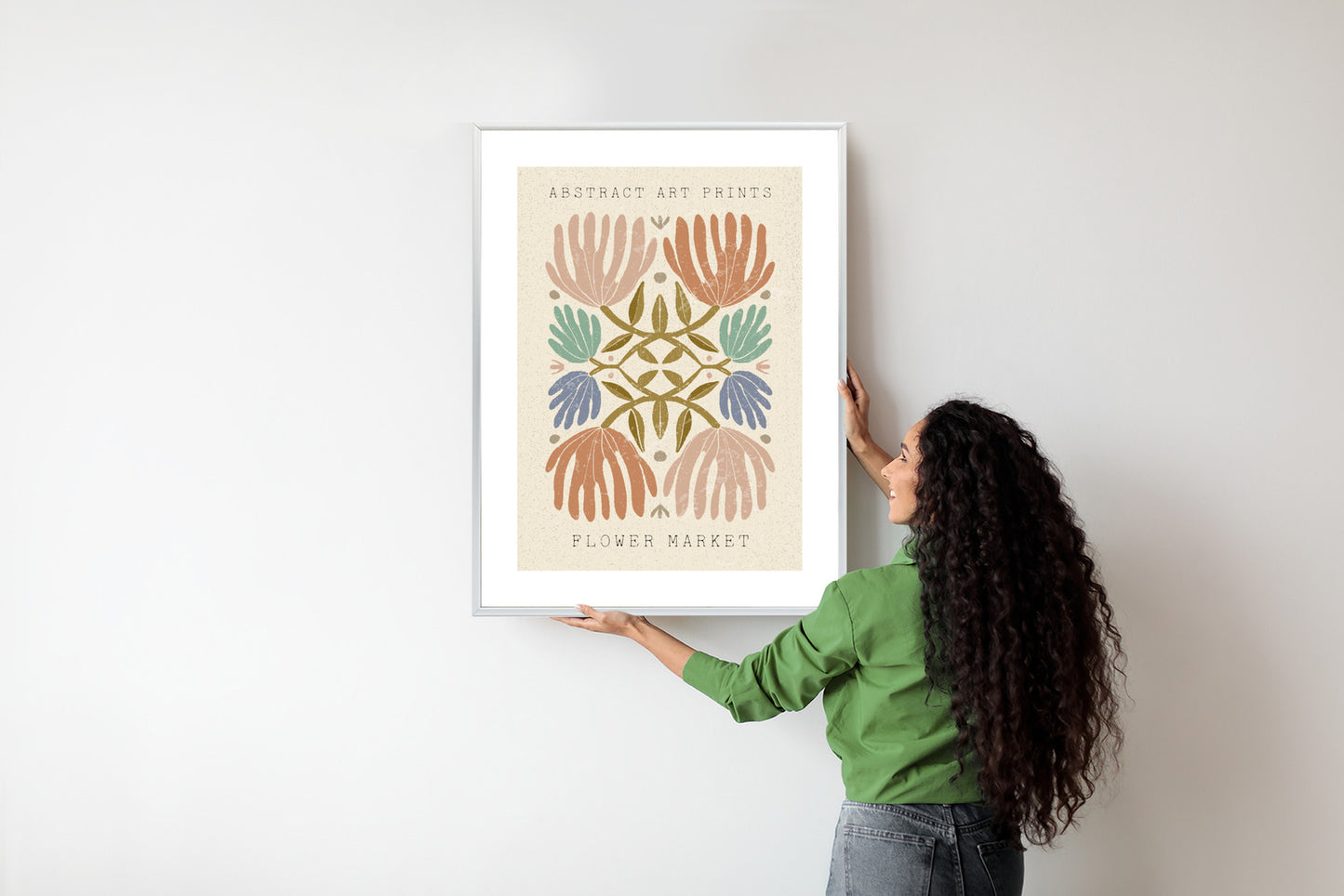 Poster Minimalistische Bunte Boho-Blumen Rahmen Holz Mit Passepartout Farbe Natürlich