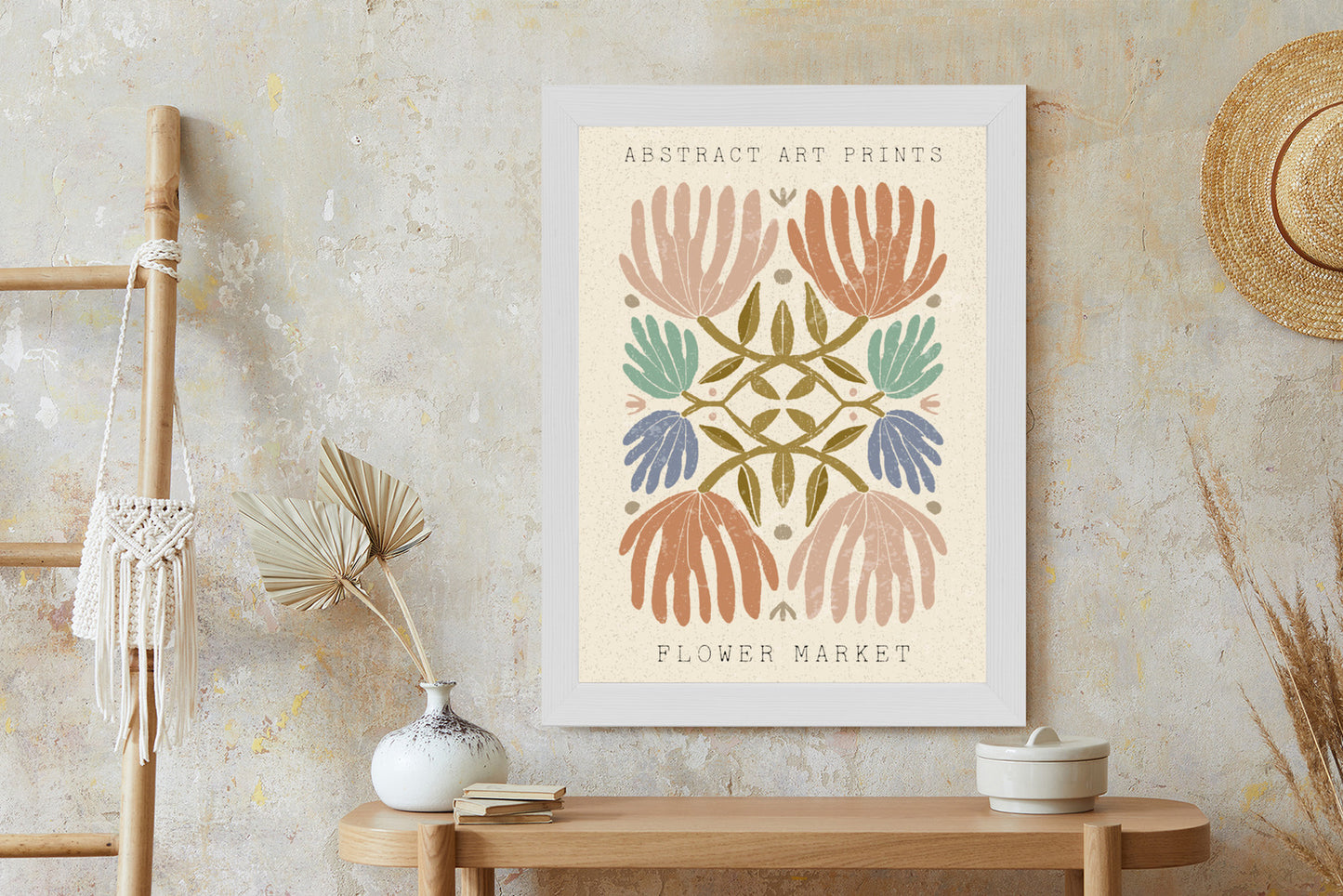 Poster Minimalistische Bunte Boho-Blumen Rahmen Holz Mit Passepartout Farbe Natürlich
