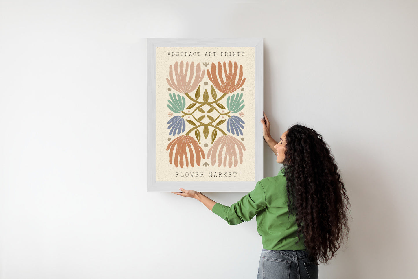 Poster Minimalistische Bunte Boho-Blumen Rahmen Holz Mit Passepartout Farbe Natürlich