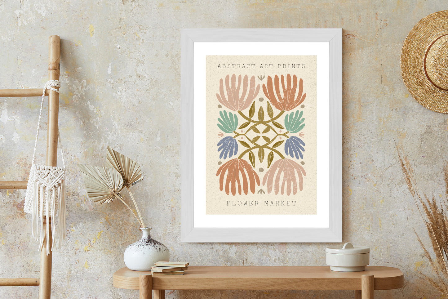 Poster Minimalistische Bunte Boho-Blumen Rahmen Holz Mit Passepartout Farbe Natürlich