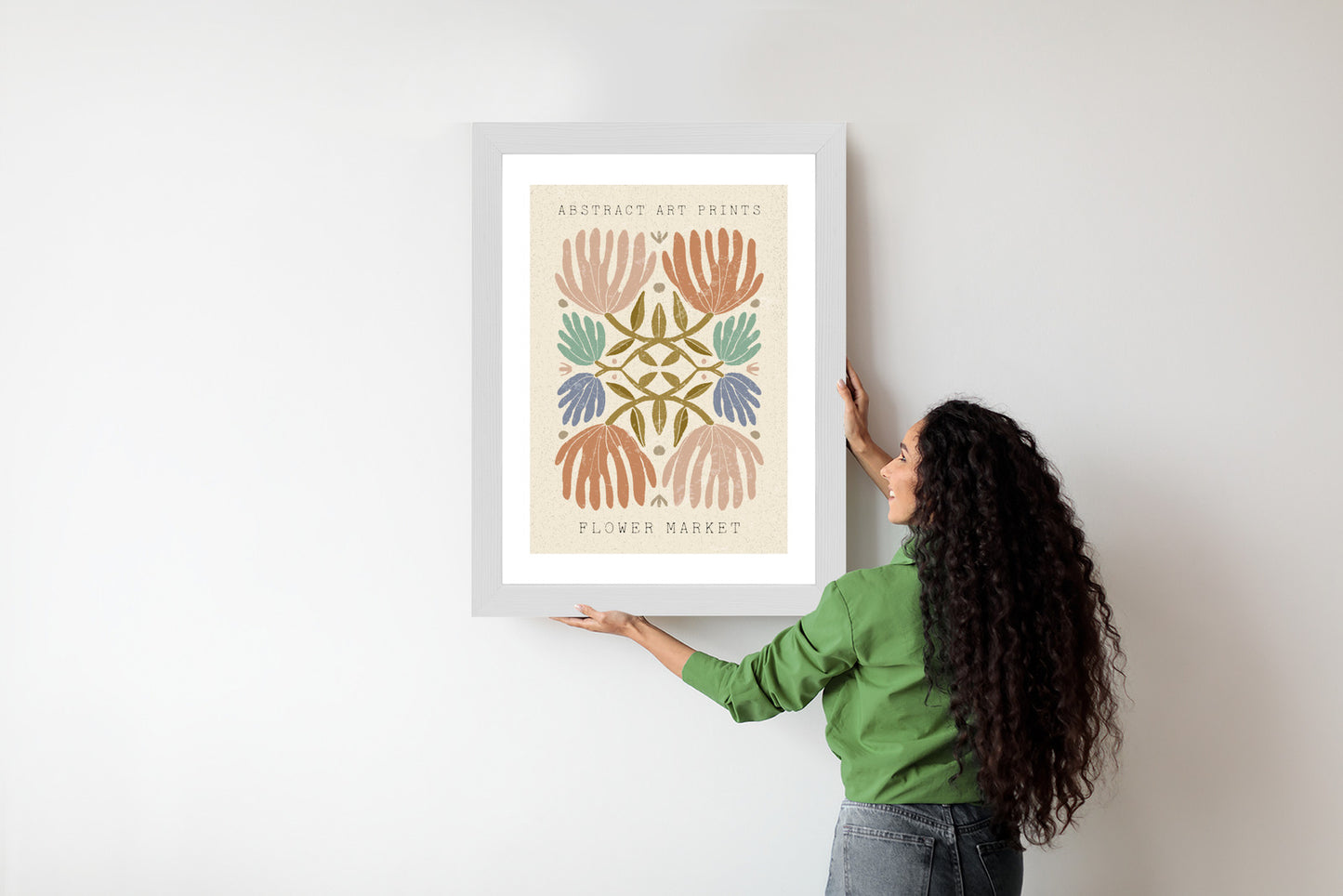 Poster Minimalistische Bunte Boho-Blumen Rahmen Holz Mit Passepartout Farbe Natürlich