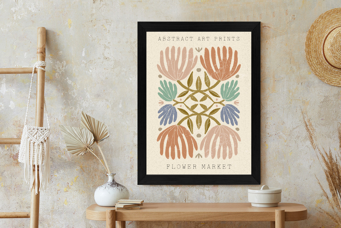 Poster Minimalistische Bunte Boho-Blumen Rahmen Holz Mit Passepartout Farbe Natürlich