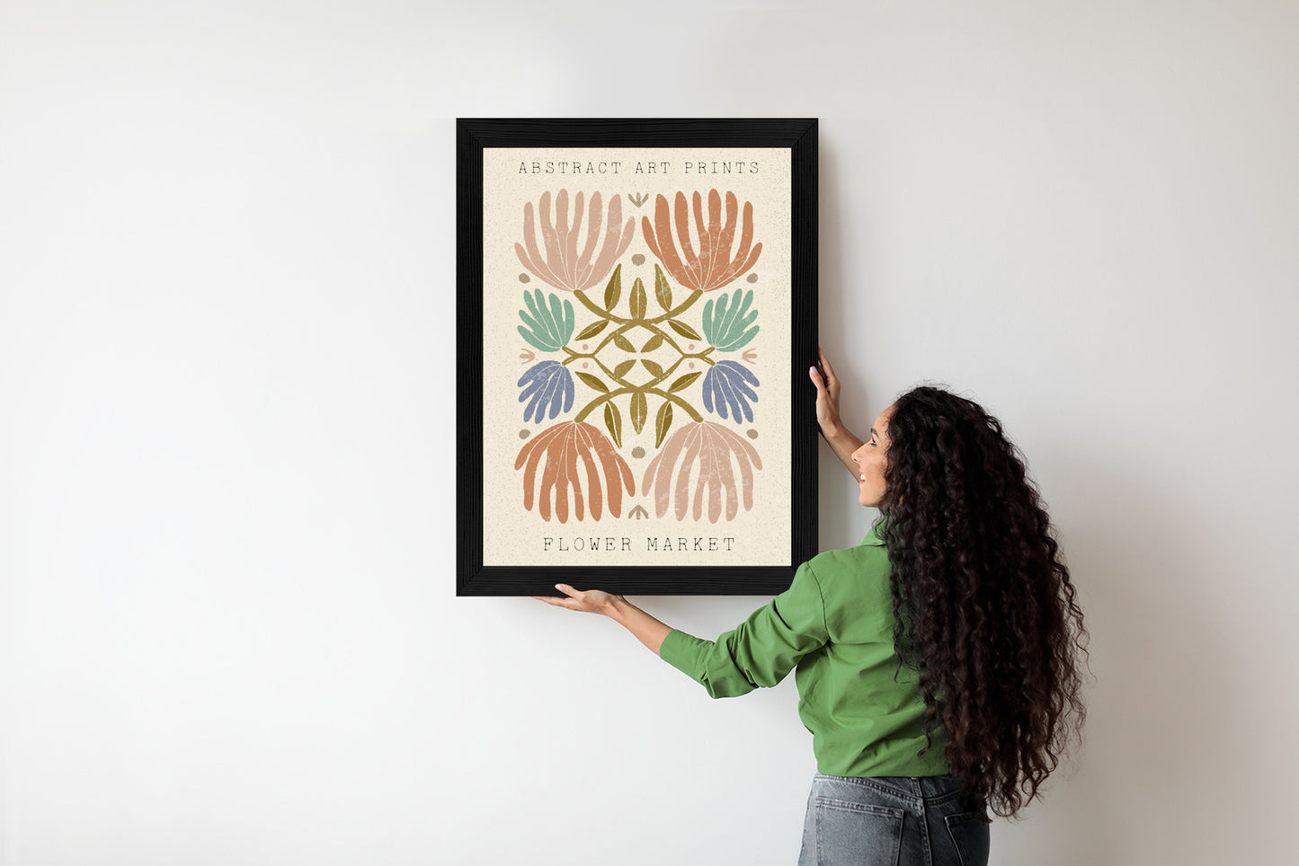 Poster Minimalistische Bunte Boho-Blumen Rahmen Holz Mit Passepartout Farbe Natürlich