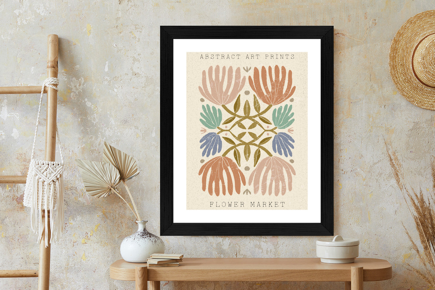 Poster Minimalistische Bunte Boho-Blumen Rahmen Holz Mit Passepartout Farbe Natürlich