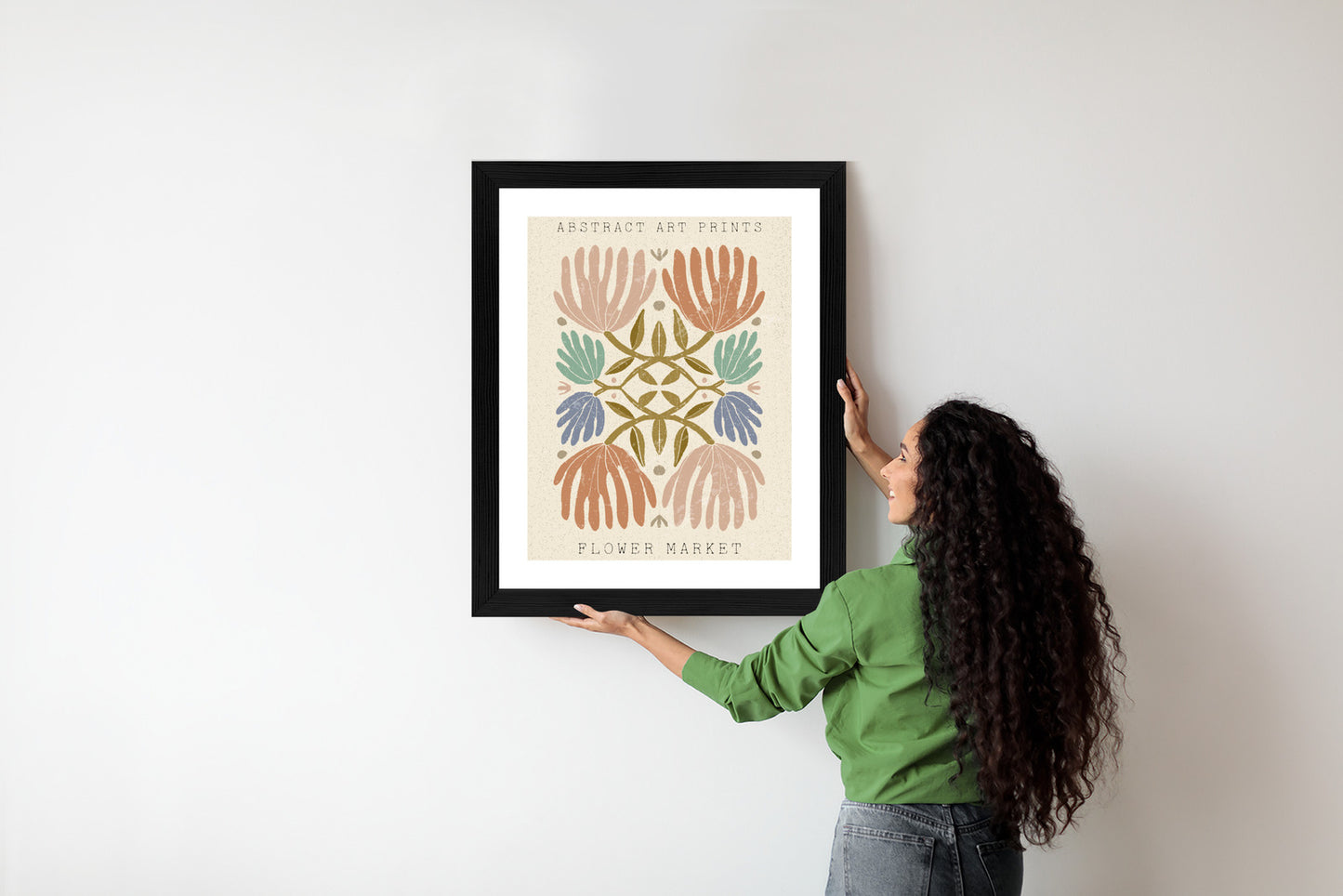 Poster Minimalistische Bunte Boho-Blumen Rahmen Holz Mit Passepartout Farbe Natürlich