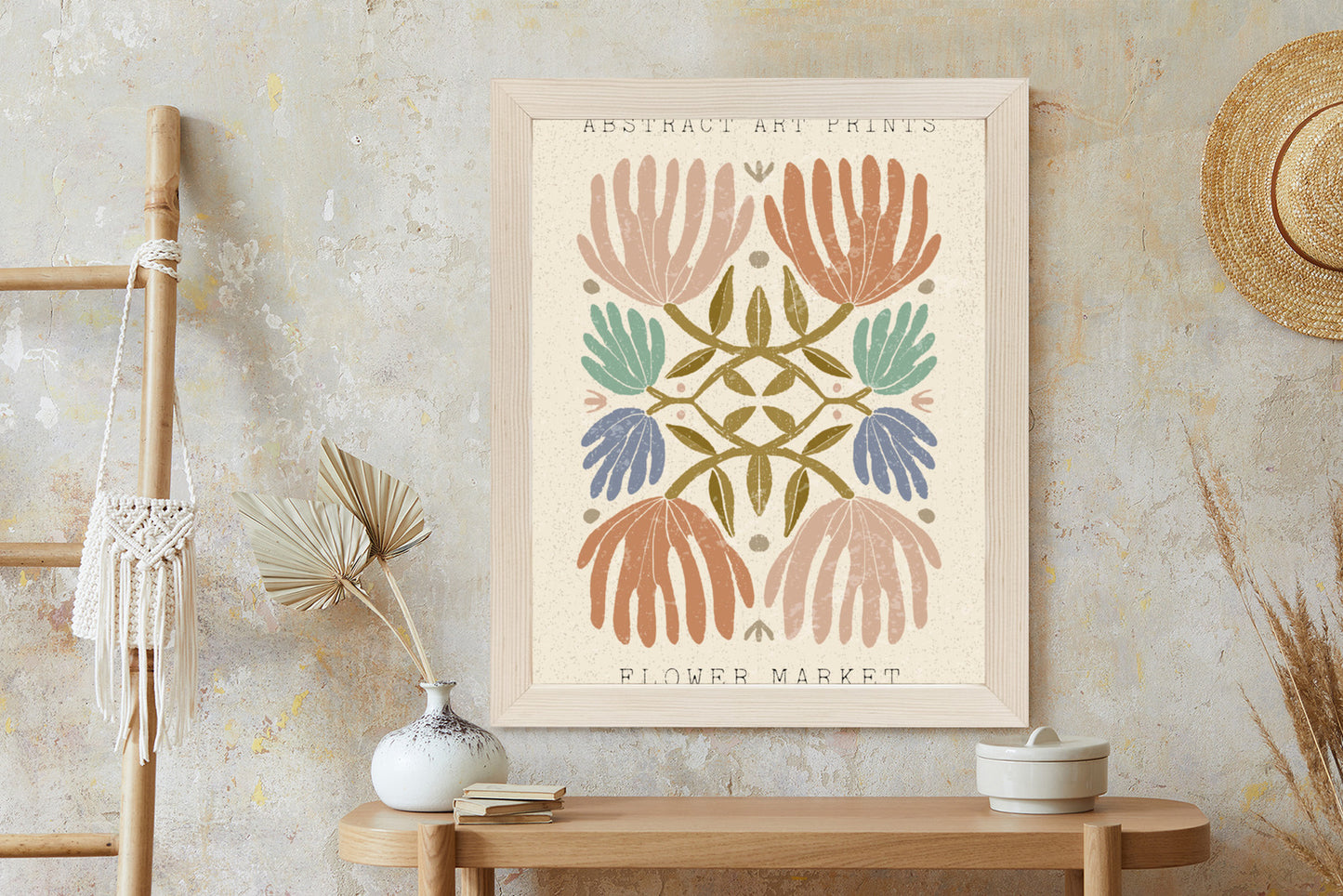 Poster Minimalistische Bunte Boho-Blumen Rahmen Holz Mit Passepartout Farbe Natürlich