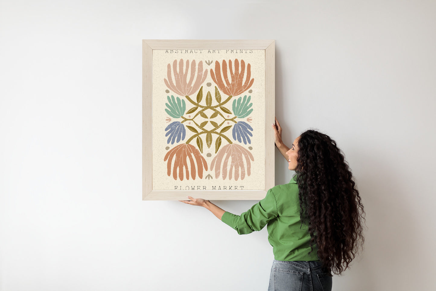 Poster Minimalistische Bunte Boho-Blumen Rahmen Holz Mit Passepartout Farbe Natürlich
