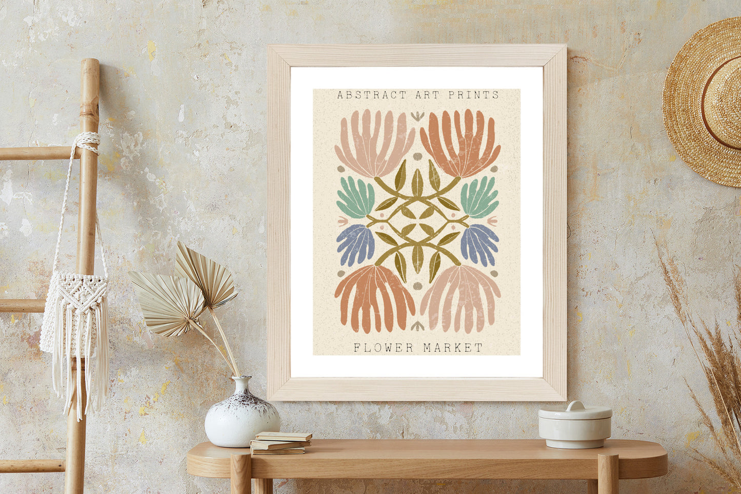 Poster Minimalistische Bunte Boho-Blumen Rahmen Holz Mit Passepartout Farbe Natürlich