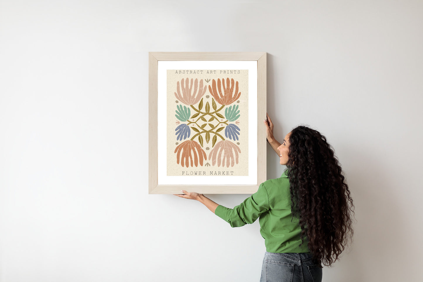 Poster Minimalistische Bunte Boho-Blumen Rahmen Holz Mit Passepartout Farbe Natürlich
