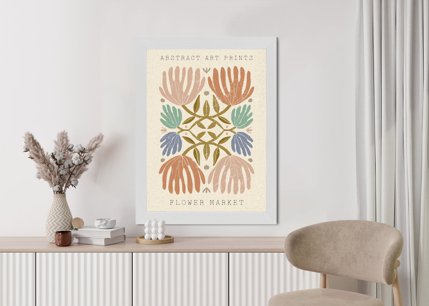 Poster Minimalistische Bunte Boho-Blumen Rahmen Holz Mit Passepartout Farbe Natürlich