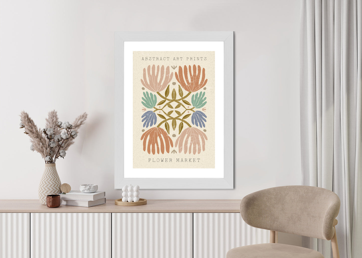 Poster Minimalistische Bunte Boho-Blumen Rahmen Holz Mit Passepartout Farbe Natürlich