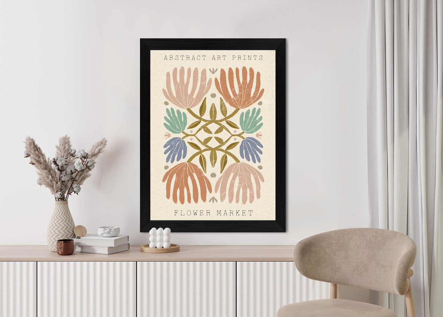 Poster Minimalistische Bunte Boho-Blumen Rahmen Holz Mit Passepartout Farbe Natürlich