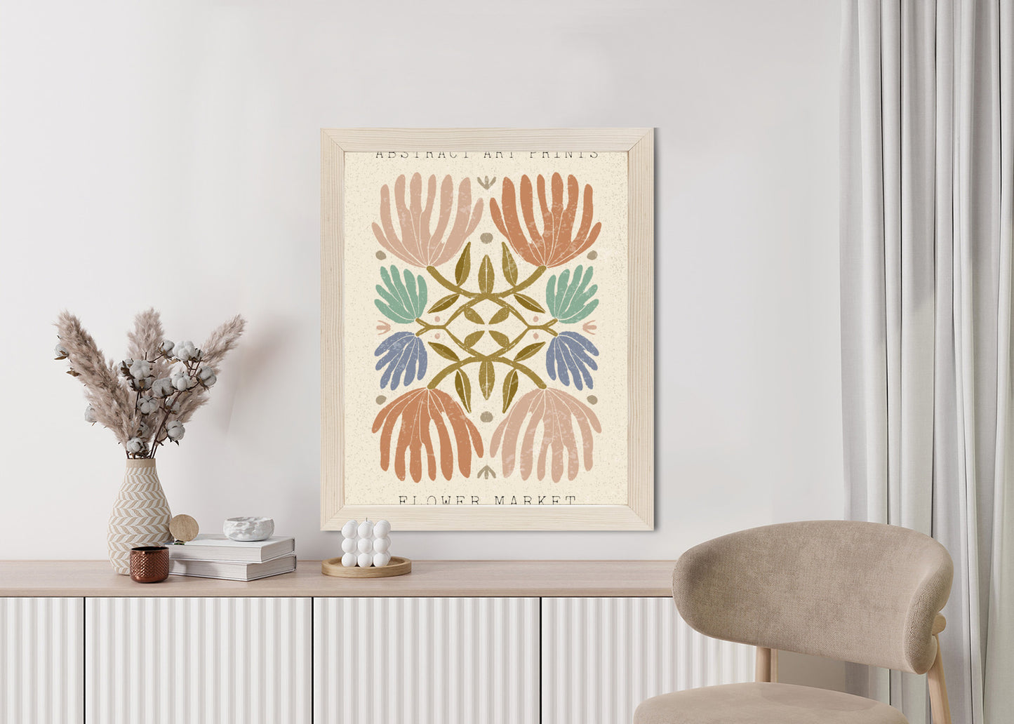 Poster Minimalistische Bunte Boho-Blumen Rahmen Holz Mit Passepartout Farbe Natürlich