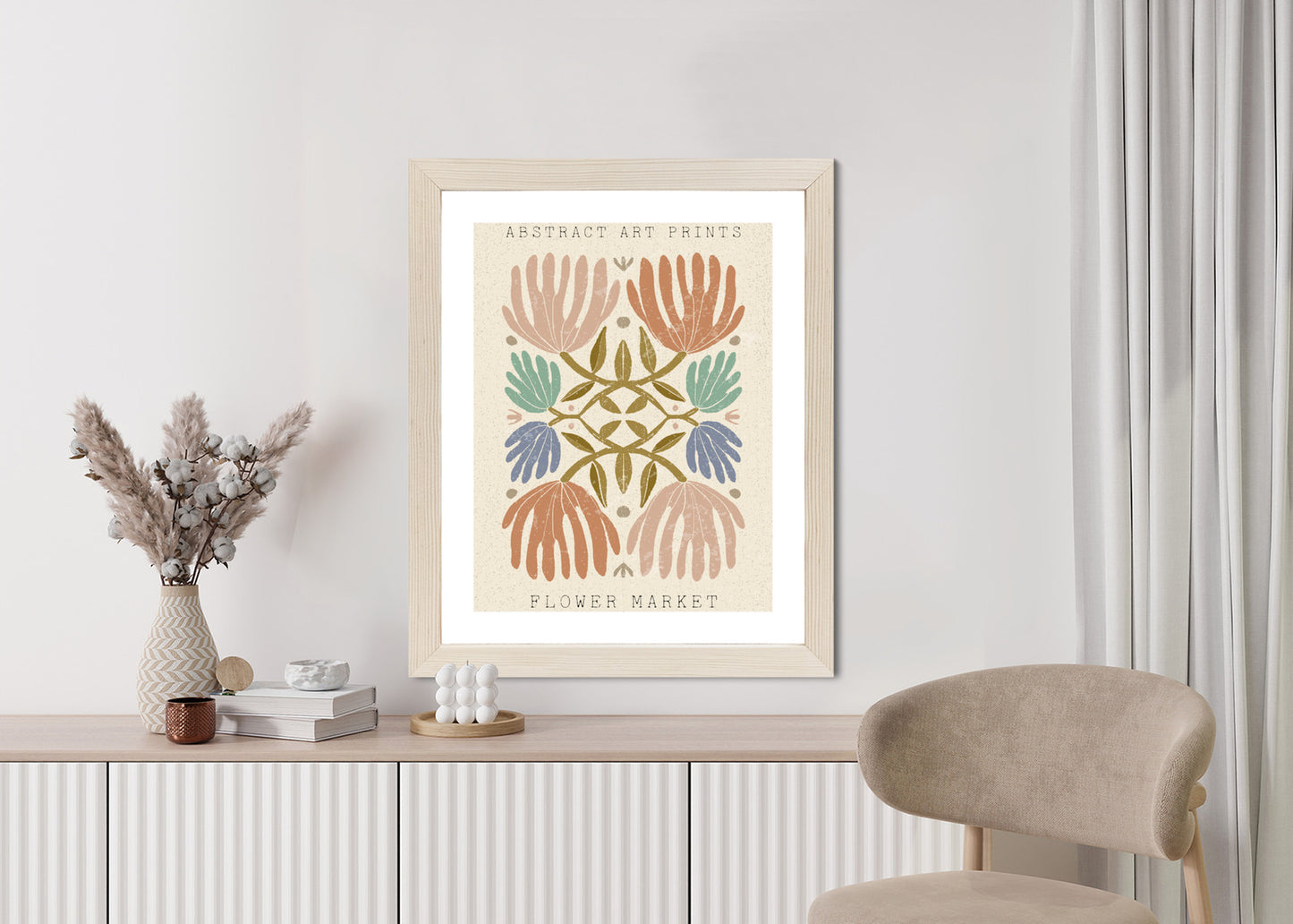 Poster Minimalistische Bunte Boho-Blumen Rahmen Holz Mit Passepartout Farbe Natürlich