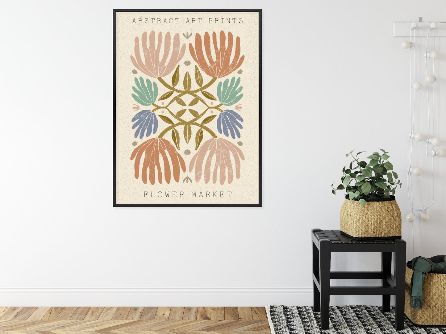 Poster Minimalistische Bunte Boho-Blumen Rahmen Holz Mit Passepartout Farbe Natürlich