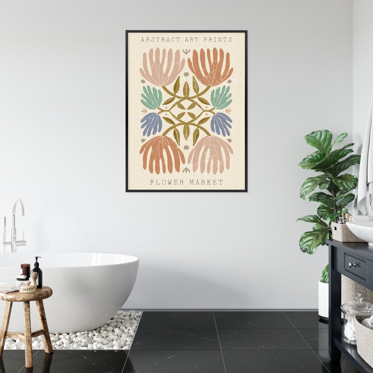 Poster Minimalistische Bunte Boho-Blumen Rahmen Holz Mit Passepartout Farbe Natürlich