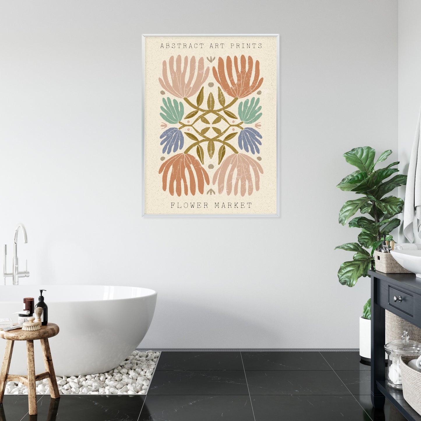 Poster Minimalistische Bunte Boho-Blumen Rahmen Holz Mit Passepartout Farbe Natürlich