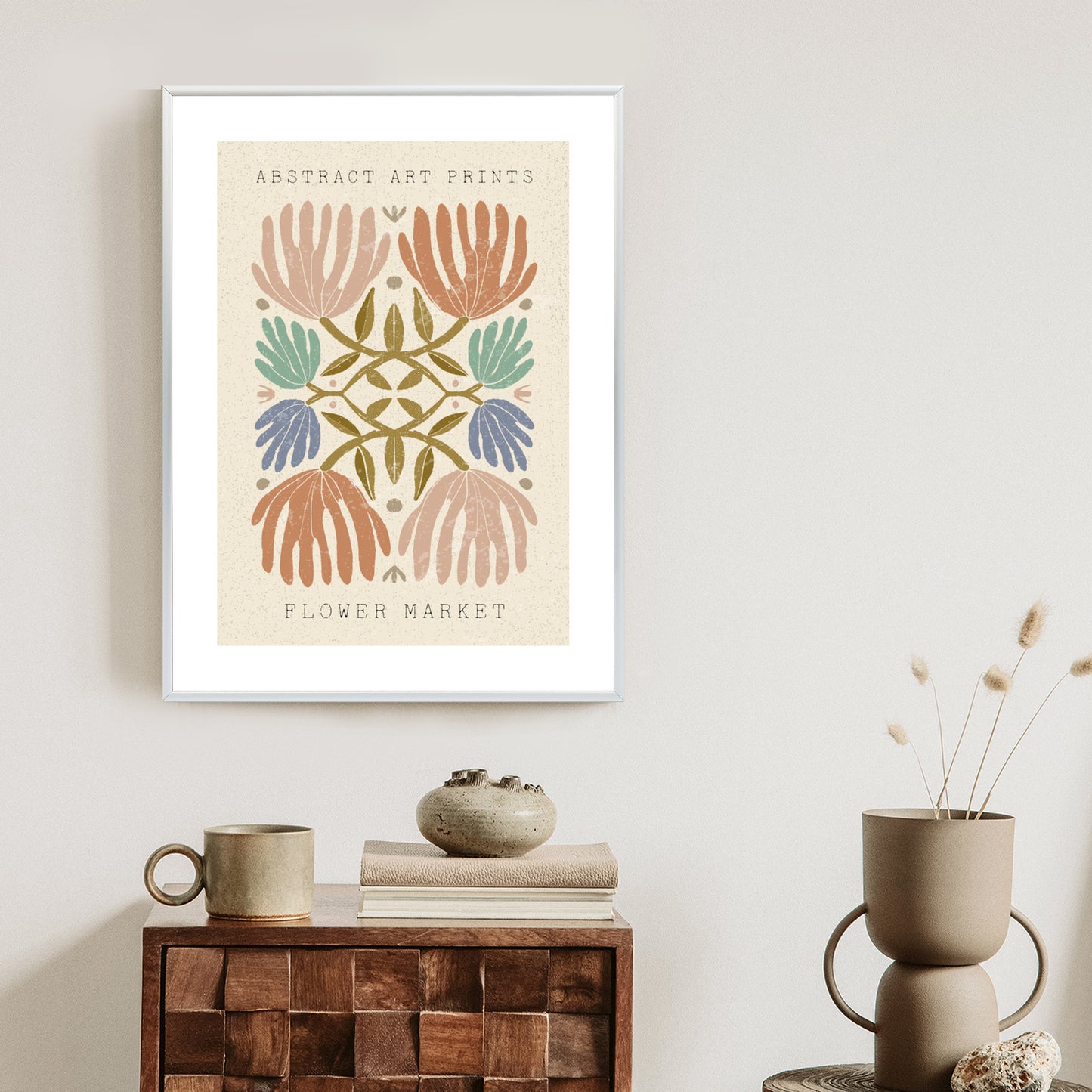 Poster Minimalistische Bunte Boho-Blumen Rahmen Holz Mit Passepartout Farbe Natürlich