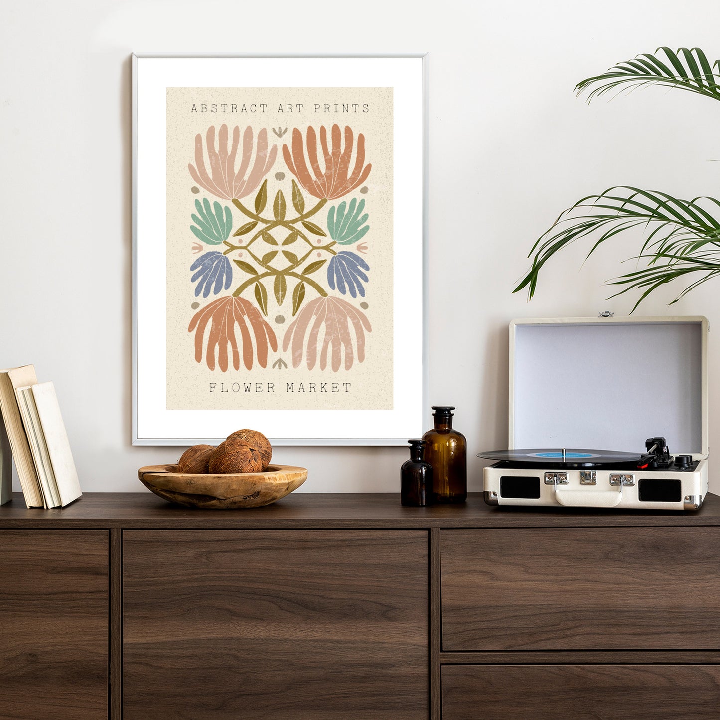 Poster Minimalistische Bunte Boho-Blumen Rahmen Holz Mit Passepartout Farbe Natürlich