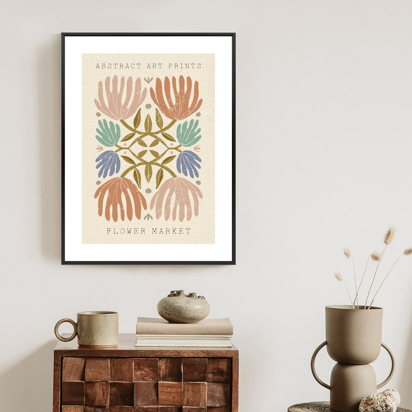 Poster Minimalistische Bunte Boho-Blumen Rahmen Holz Mit Passepartout Farbe Natürlich