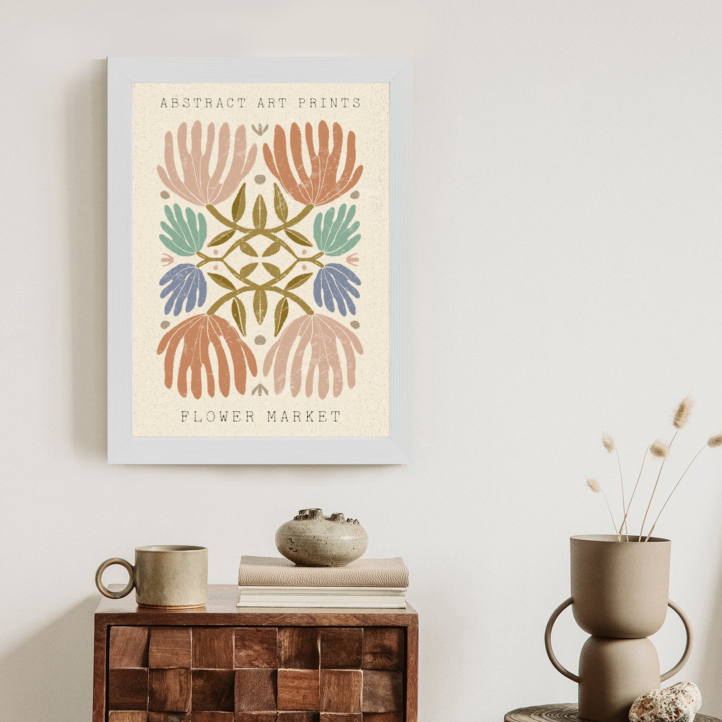 Poster Minimalistische Bunte Boho-Blumen Rahmen Holz Mit Passepartout Farbe Natürlich
