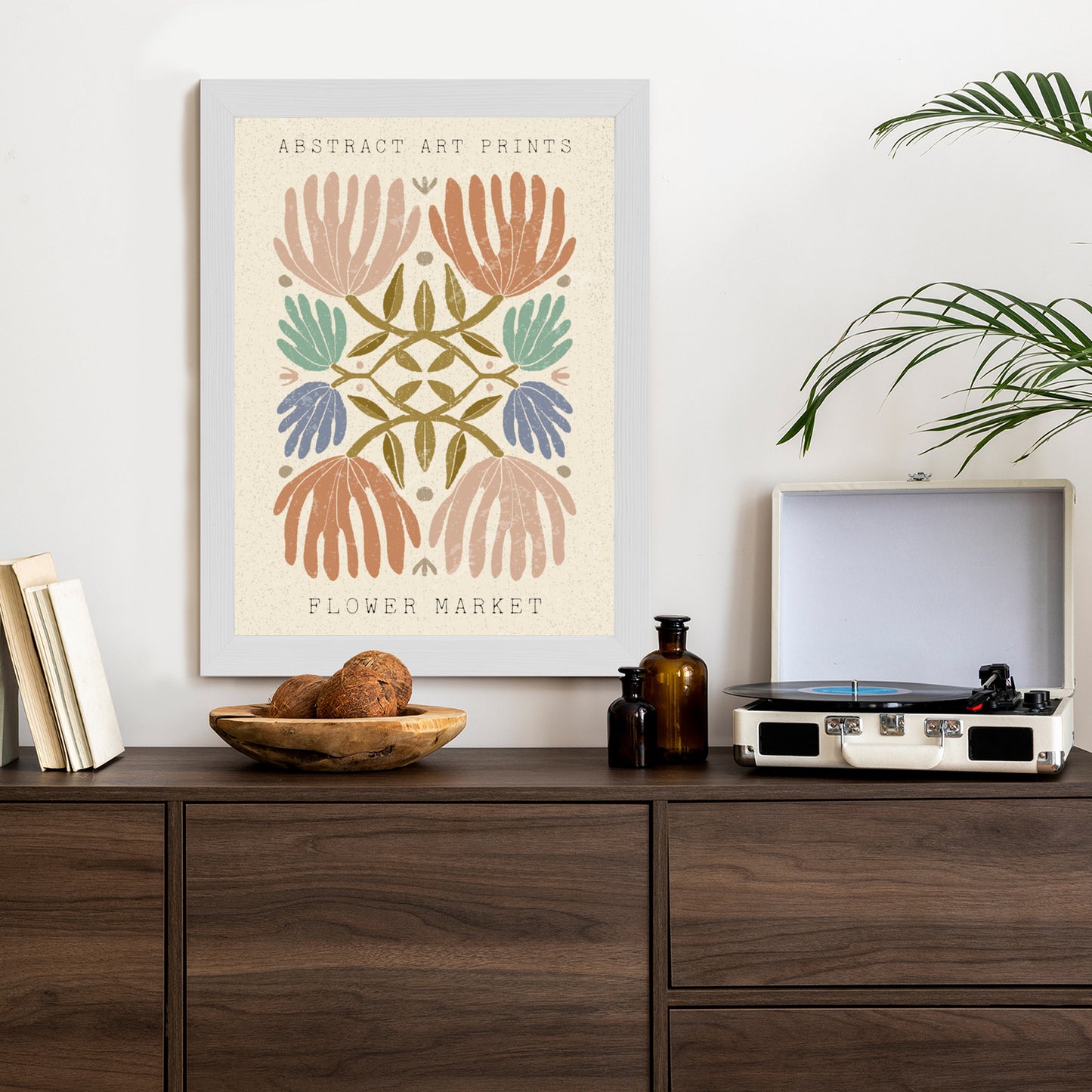 Poster Minimalistische Bunte Boho-Blumen Rahmen Holz Mit Passepartout Farbe Natürlich