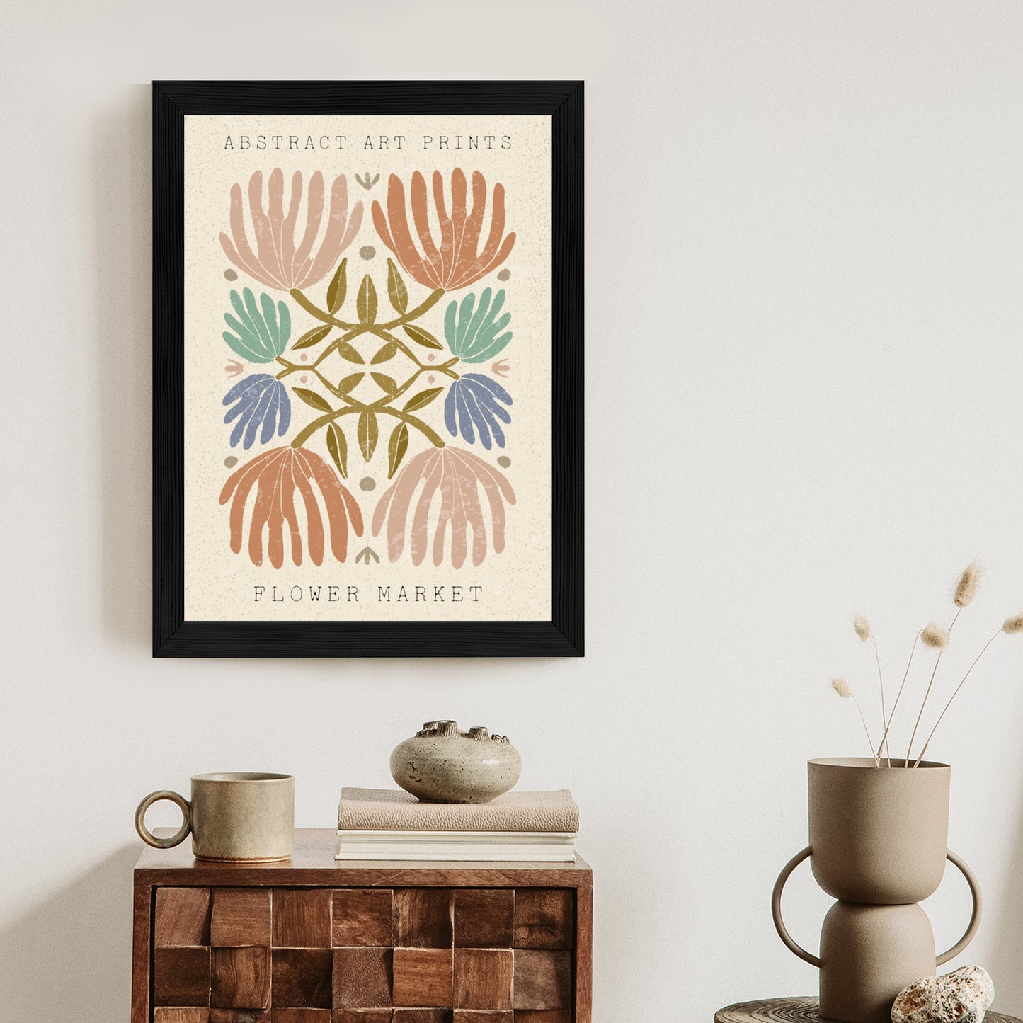 Poster Minimalistische Bunte Boho-Blumen Rahmen Holz Mit Passepartout Farbe Natürlich