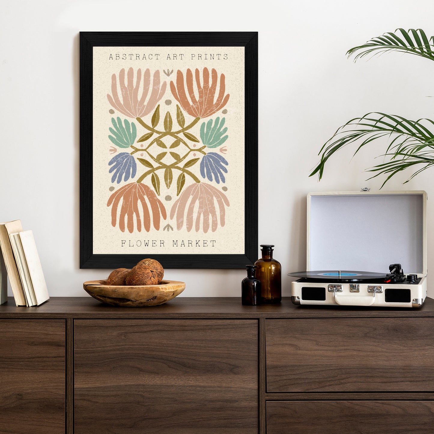 Poster Minimalistische Bunte Boho-Blumen Rahmen Holz Mit Passepartout Farbe Natürlich