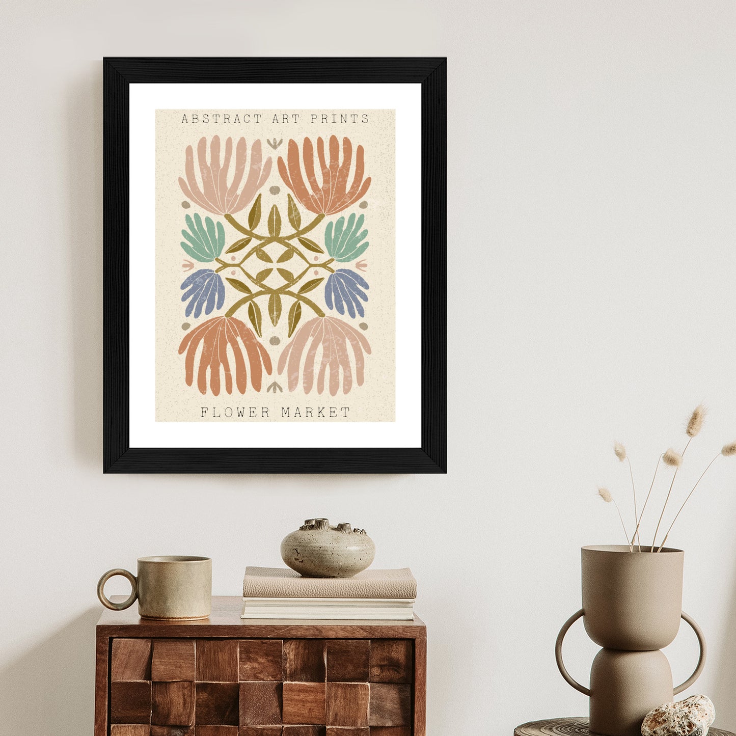 Poster Minimalistische Bunte Boho-Blumen Rahmen Holz Mit Passepartout Farbe Natürlich