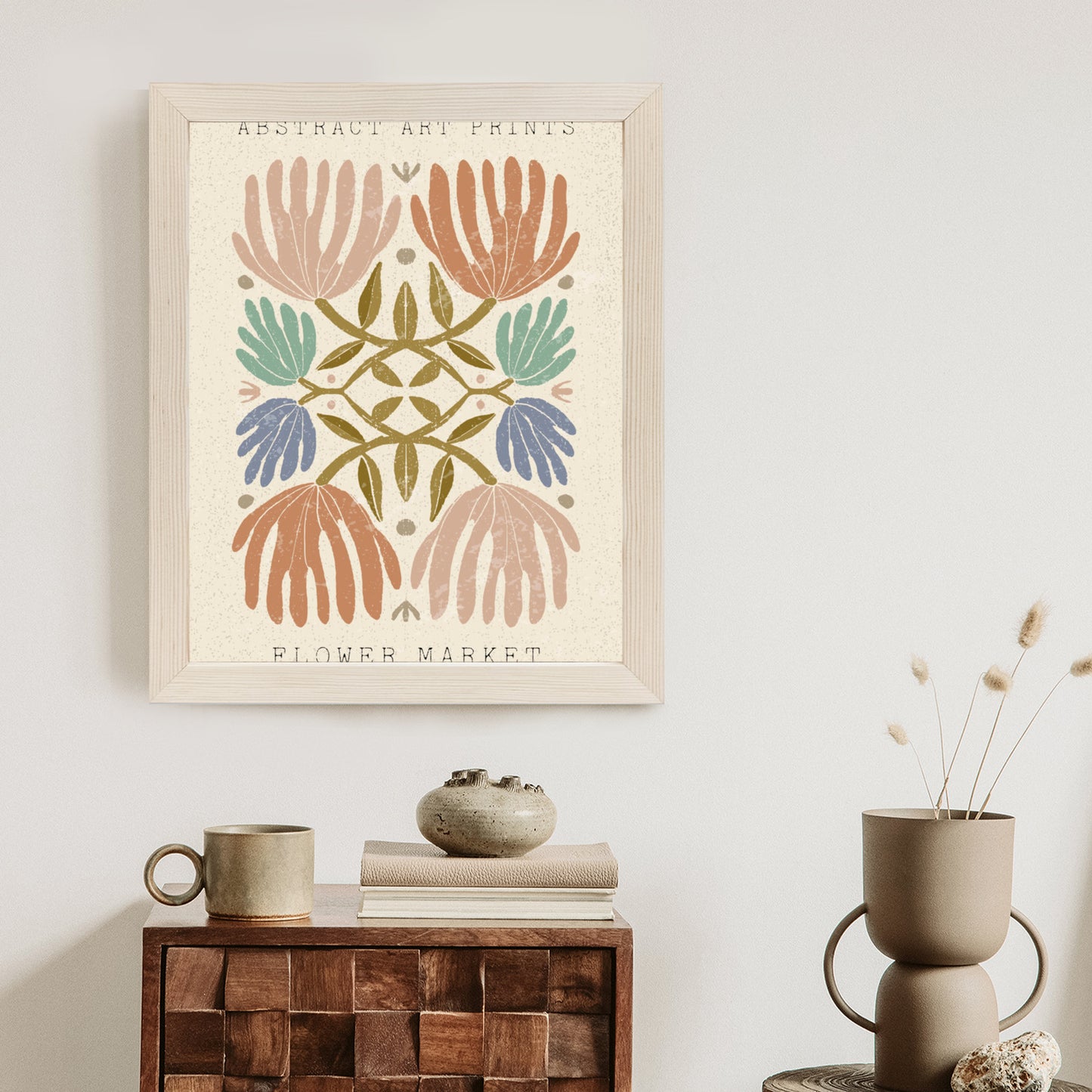 Poster Minimalistische Bunte Boho-Blumen Rahmen Holz Mit Passepartout Farbe Natürlich