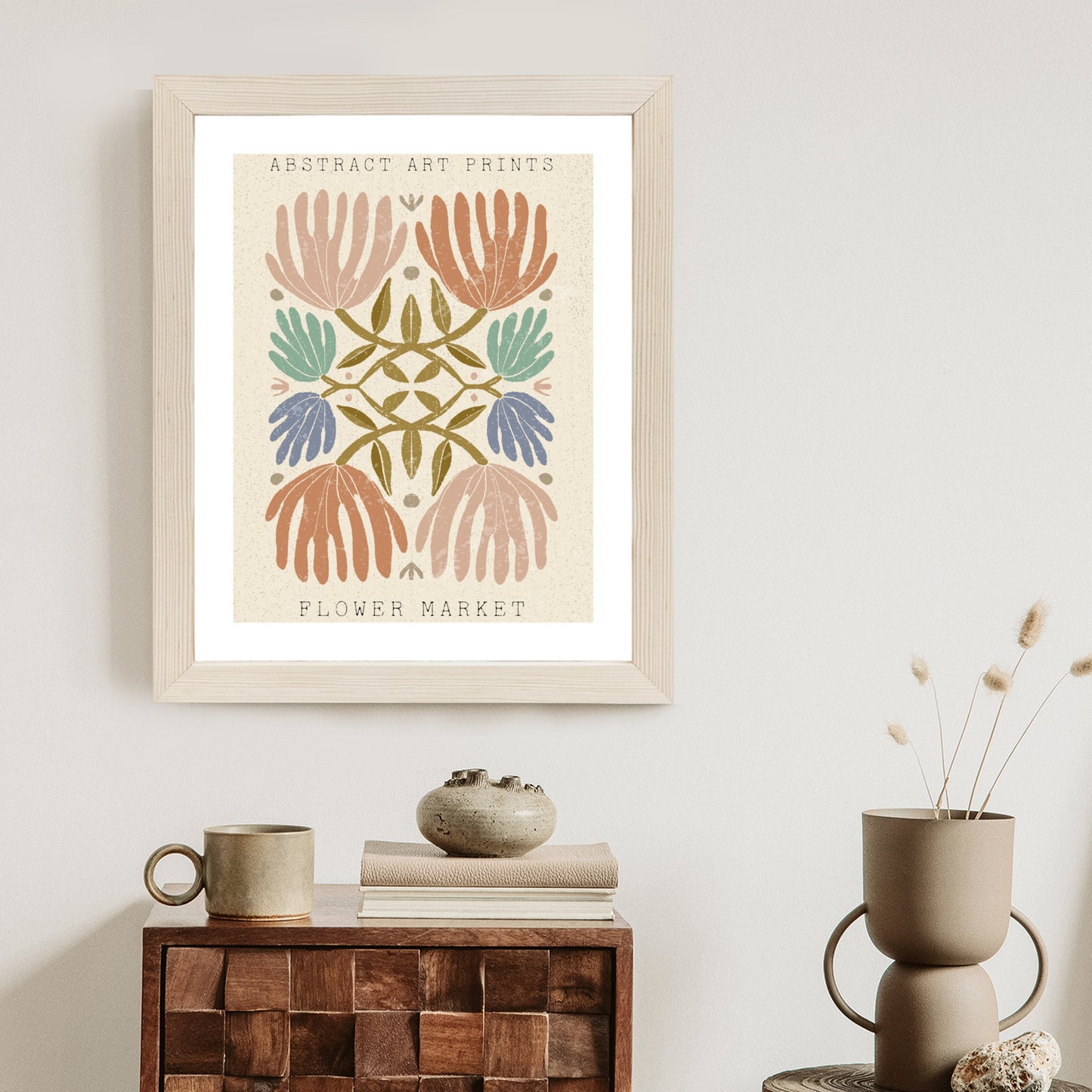 Poster Minimalistische Bunte Boho-Blumen Rahmen Holz Mit Passepartout Farbe Natürlich