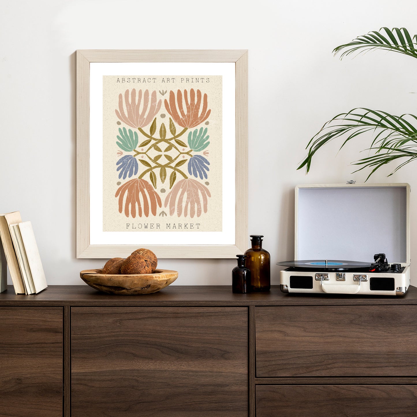Poster Minimalistische Bunte Boho-Blumen Rahmen Holz Mit Passepartout Farbe Natürlich