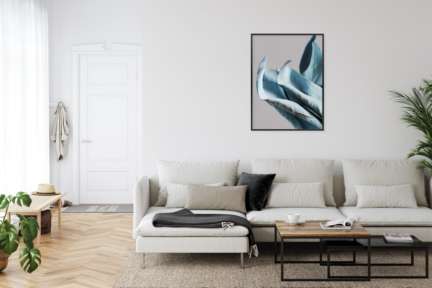 Poster Blaue Blätter Auf Grauem Hintergrund