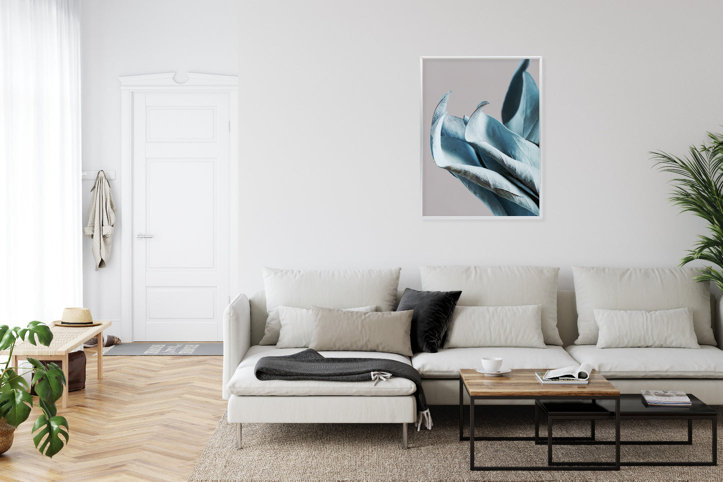 Poster Blaue Blätter Auf Grauem Hintergrund