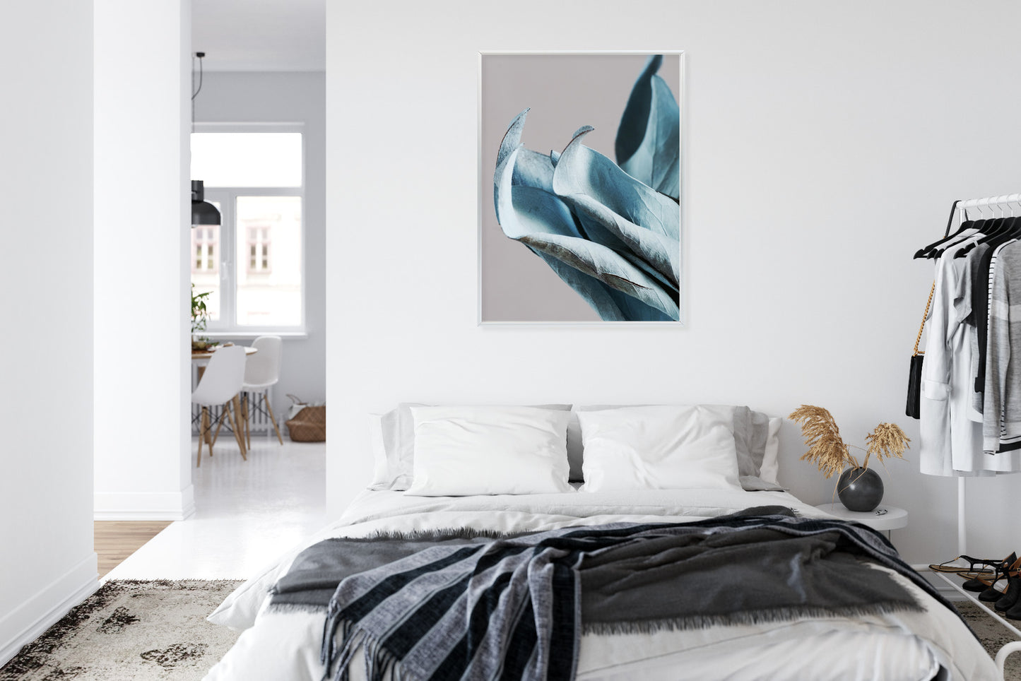 Poster Blaue Blätter Auf Grauem Hintergrund