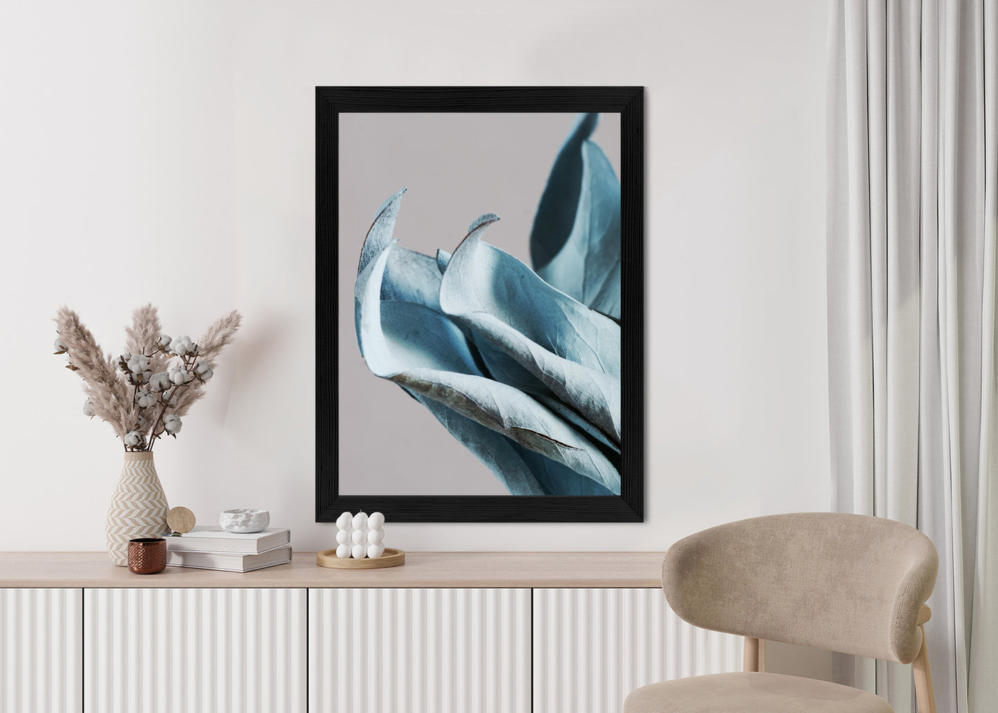 Poster Blaue Blätter Auf Grauem Hintergrund
