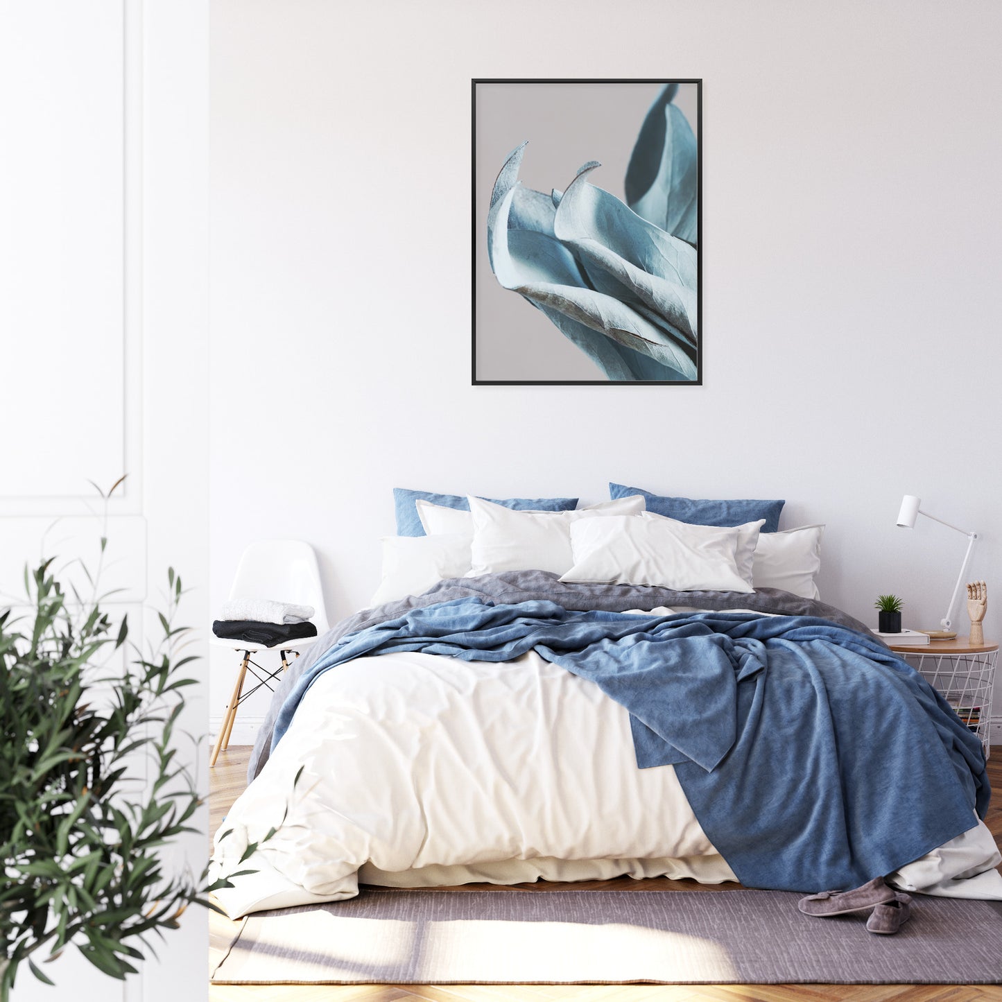 Poster Blaue Blätter Auf Grauem Hintergrund