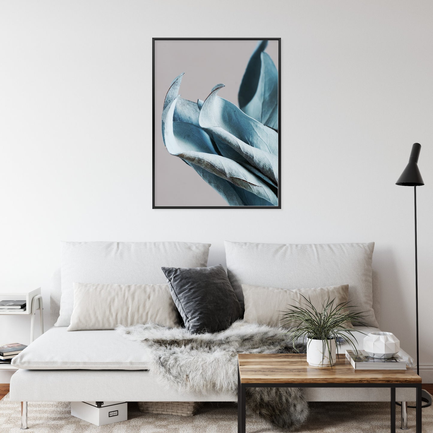 Poster Blaue Blätter Auf Grauem Hintergrund