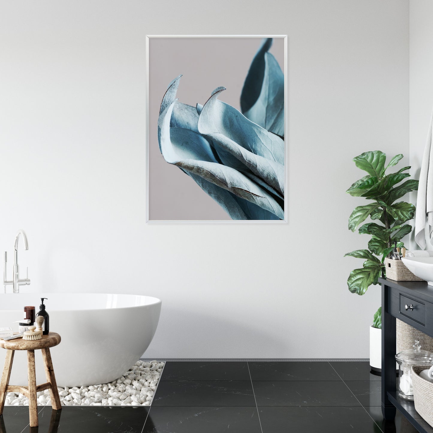 Poster Blaue Blätter Auf Grauem Hintergrund