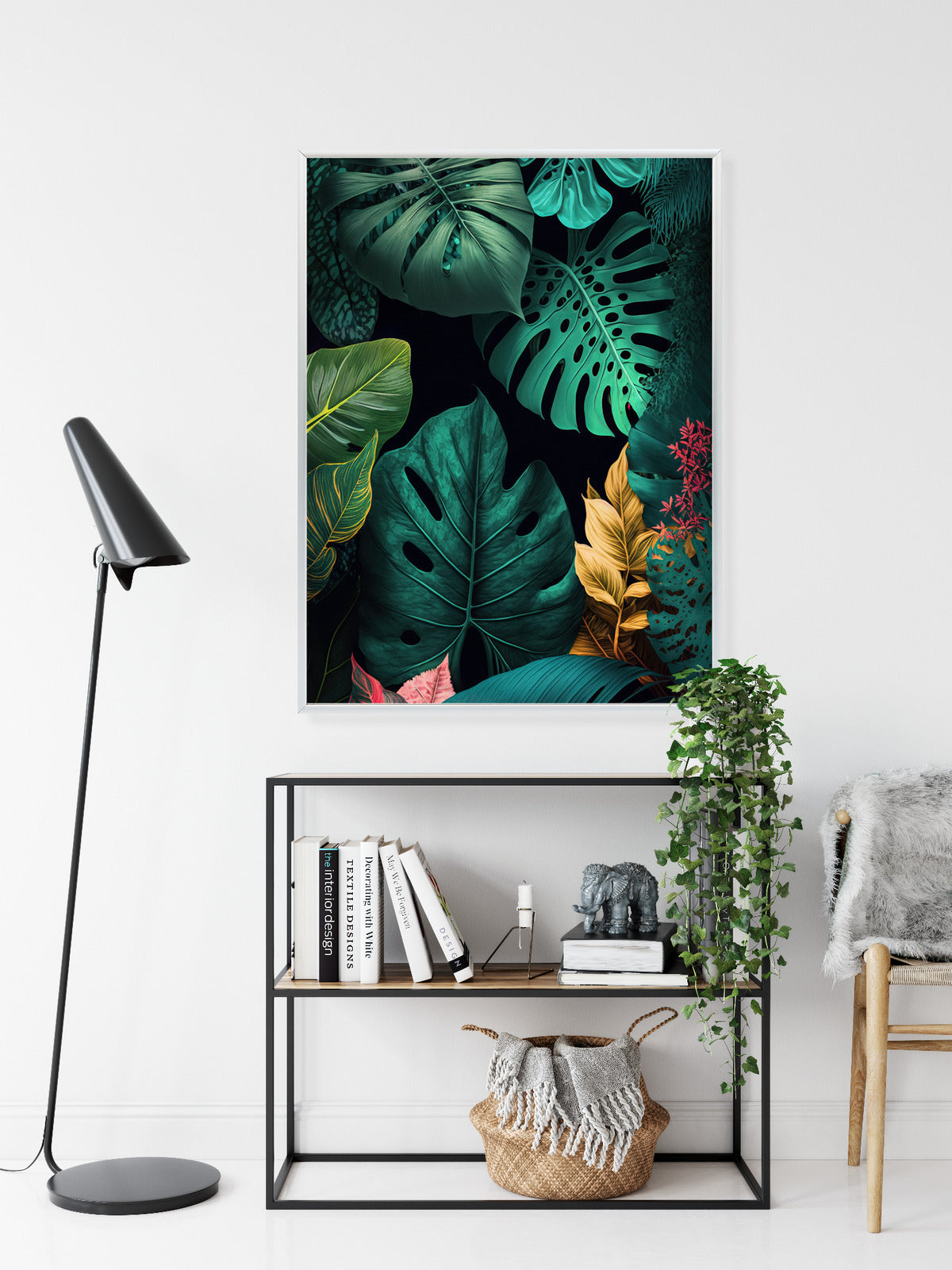 Poster Große Tropische Blätter Auf Schwarzem Hintergrund