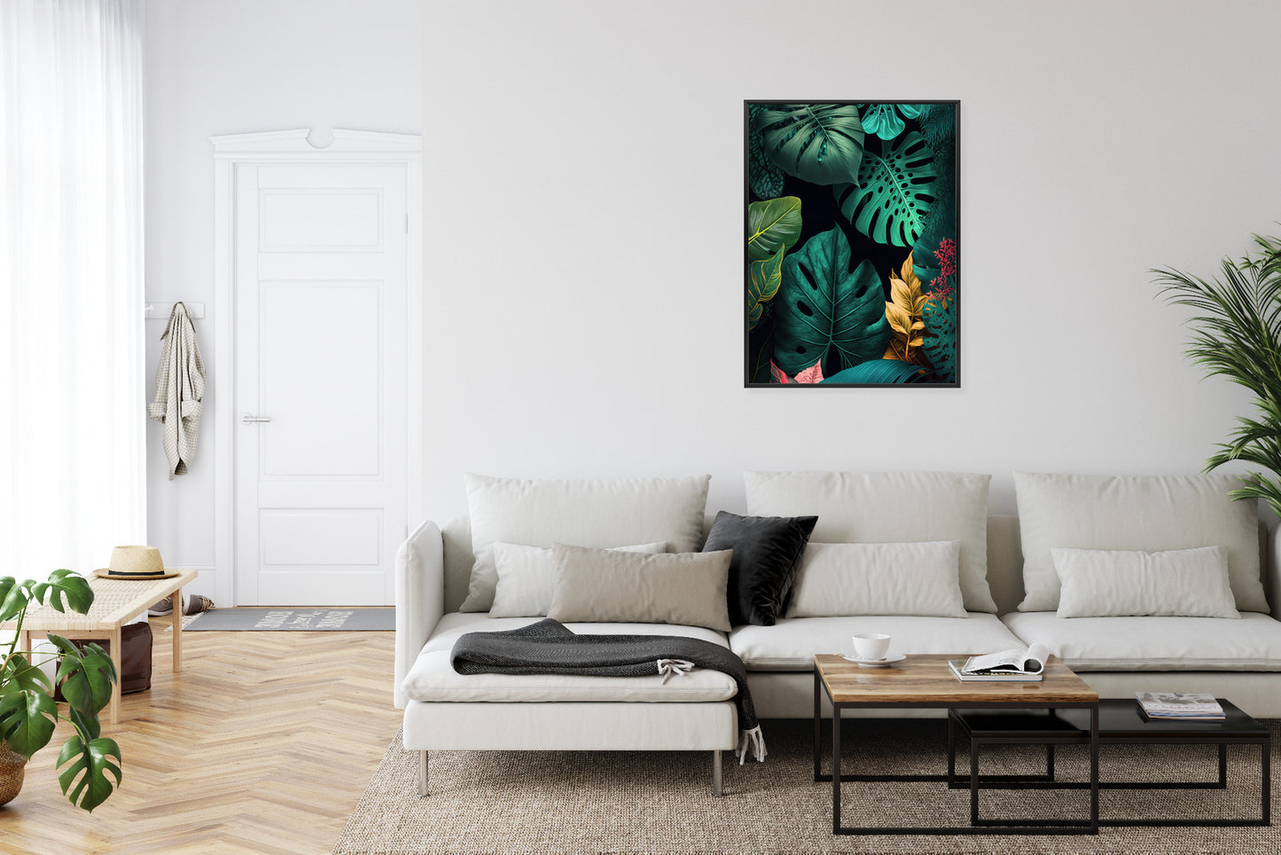 Poster Große Tropische Blätter Auf Schwarzem Hintergrund