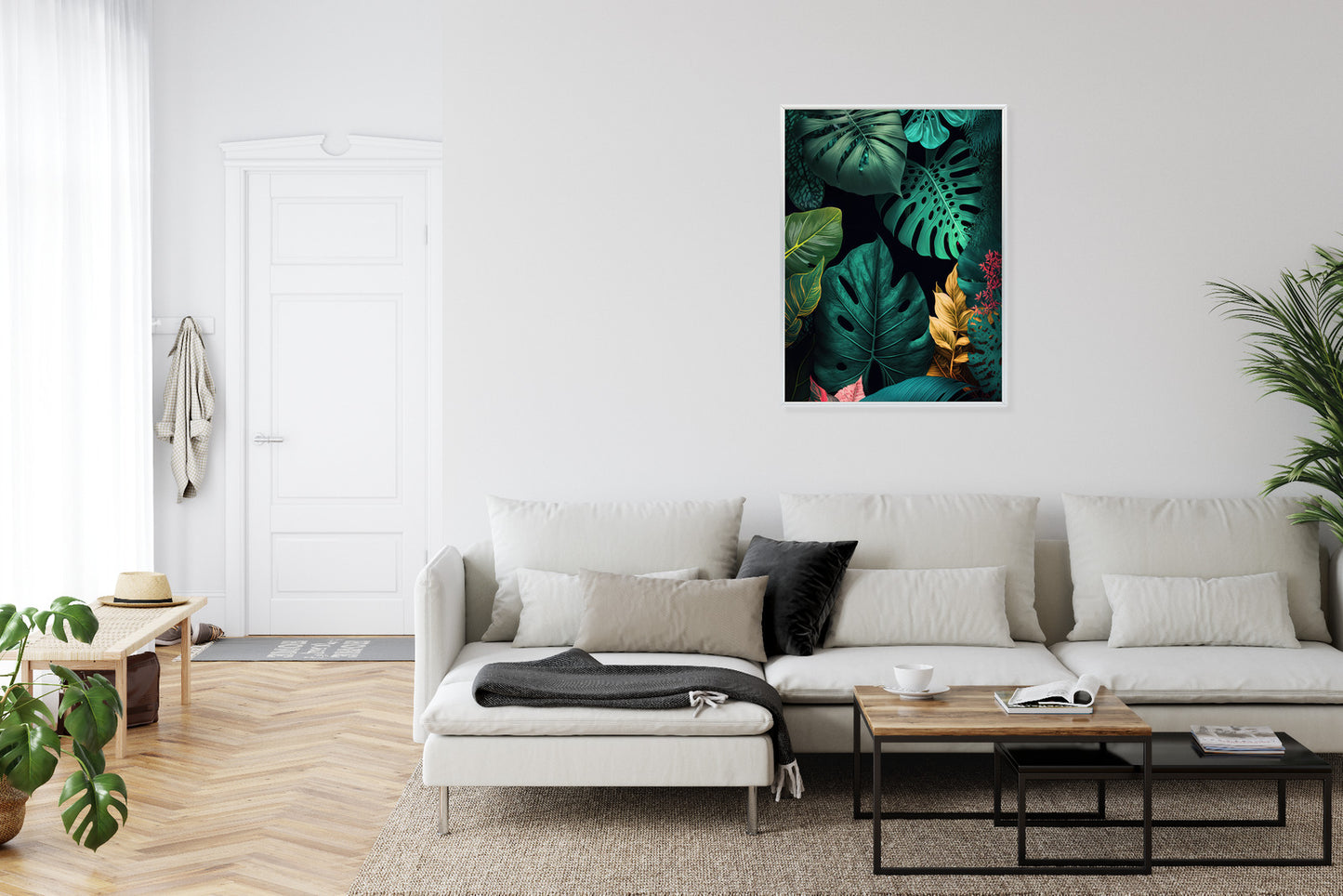 Poster Große Tropische Blätter Auf Schwarzem Hintergrund