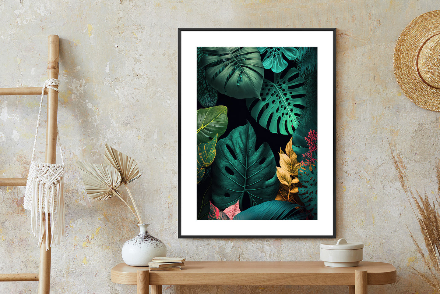 Poster Große Tropische Blätter Auf Schwarzem Hintergrund