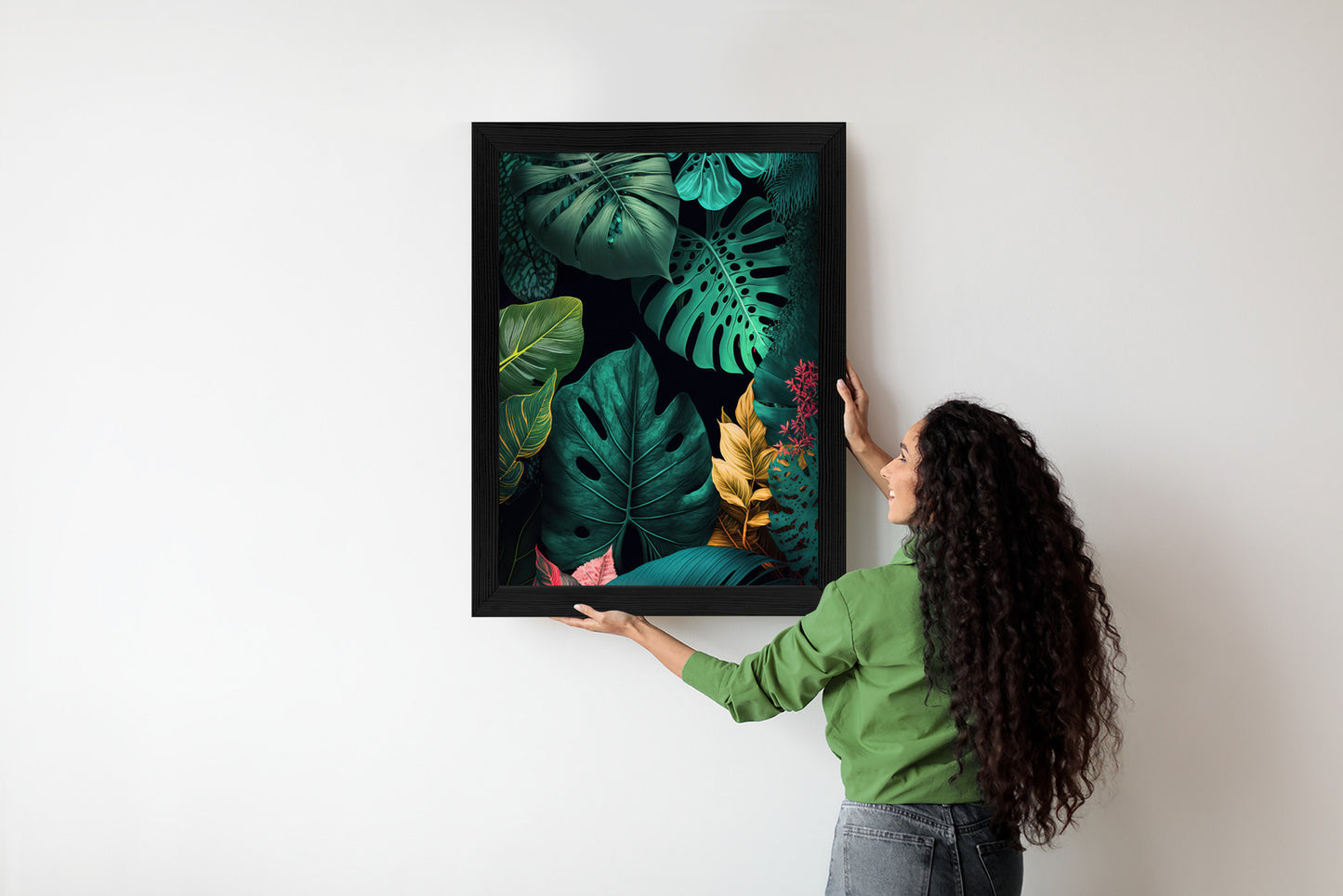 Poster Große Tropische Blätter Auf Schwarzem Hintergrund