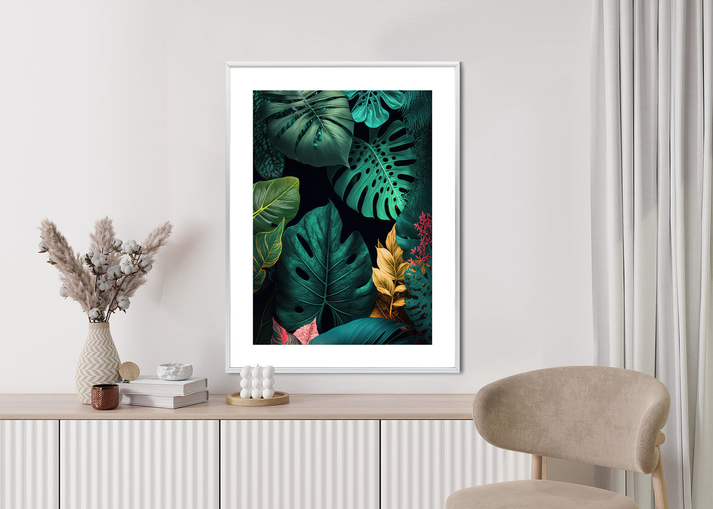 Poster Große Tropische Blätter Auf Schwarzem Hintergrund