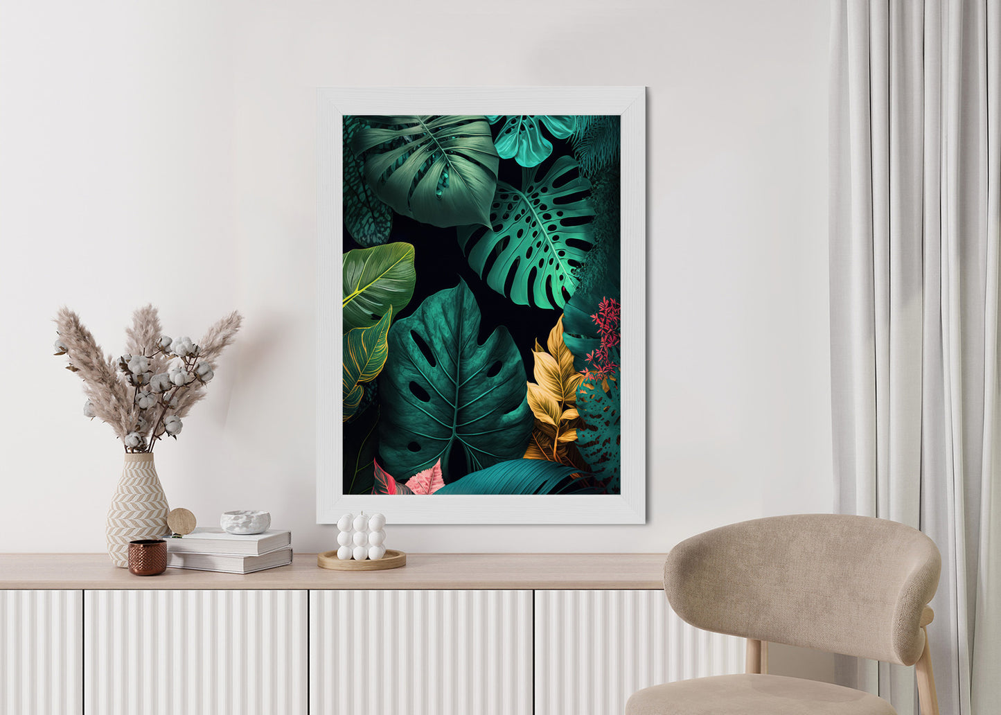 Poster Große Tropische Blätter Auf Schwarzem Hintergrund