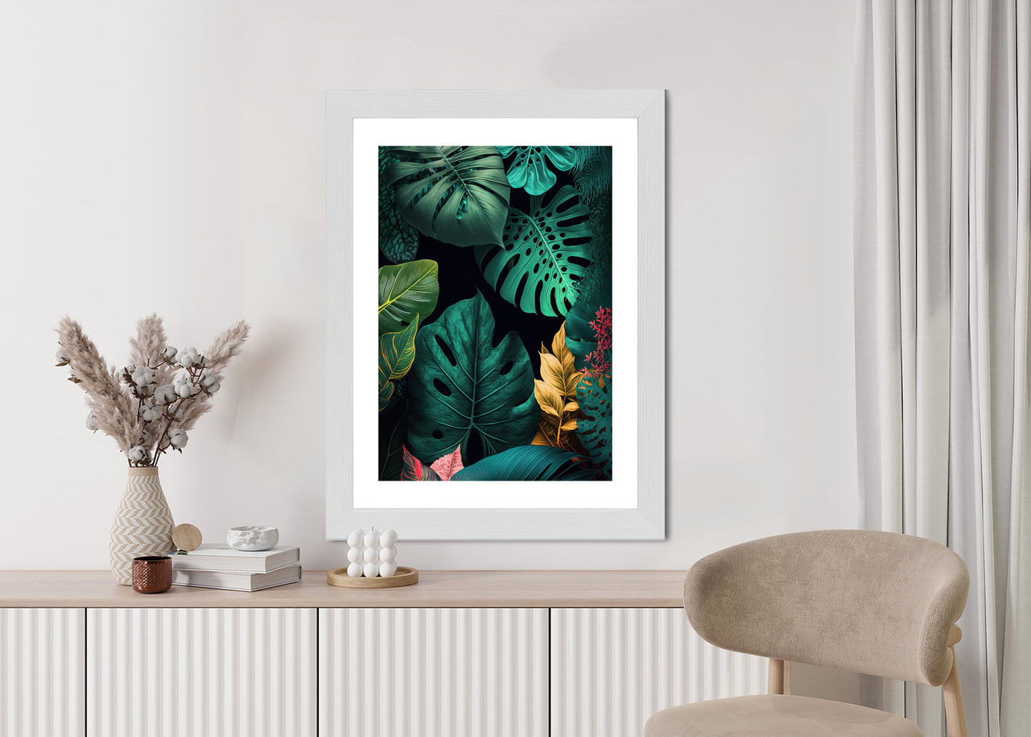 Poster Große Tropische Blätter Auf Schwarzem Hintergrund